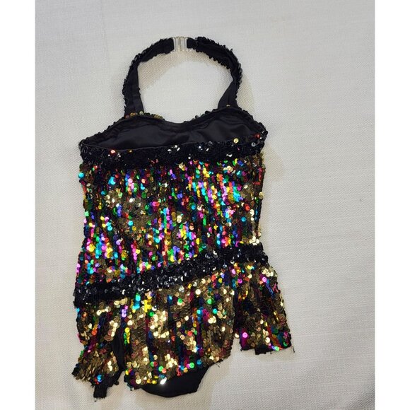 Glamour Costumes Black Gold Colorful Sequin Halter Dance Costume Child Small 4-6 - Picture 3 of 16